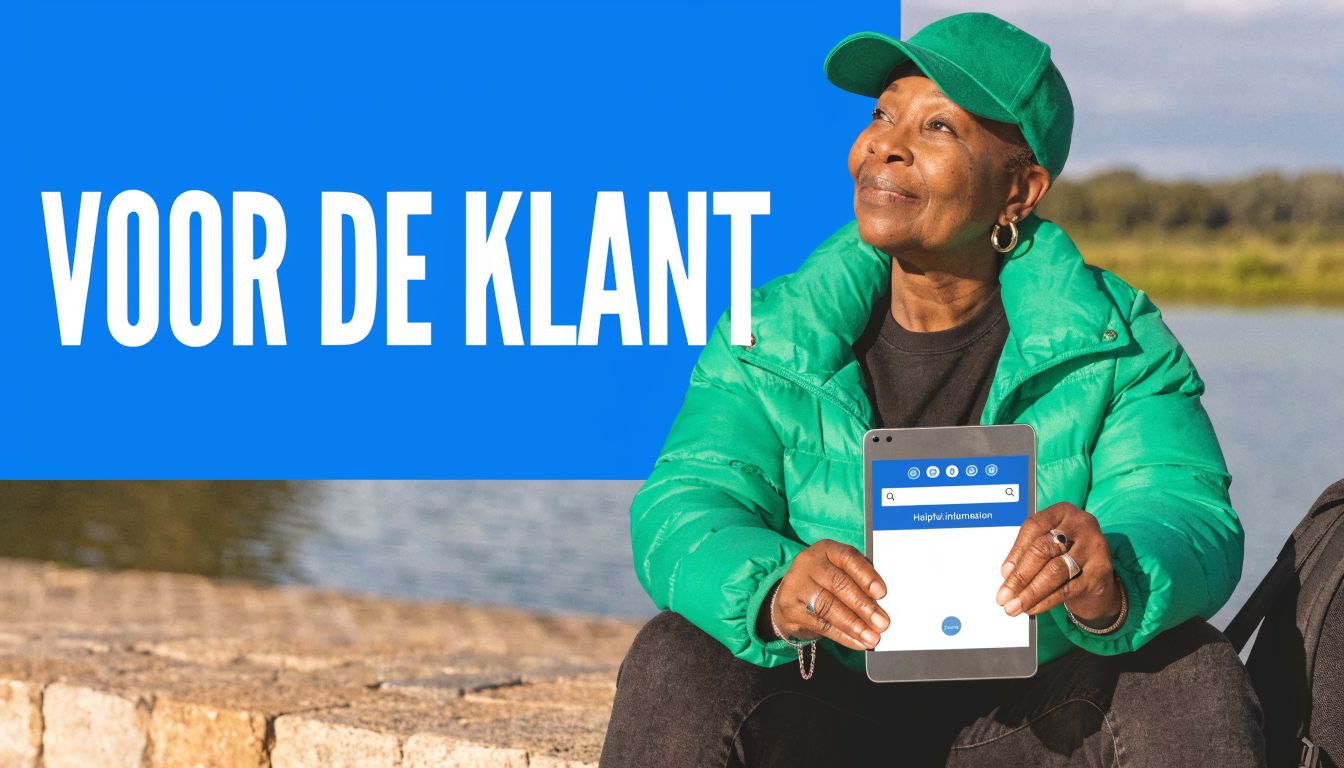 Een vrolijke oudere vrouw in een groene jas houdt een tablet vast buiten bij het water.