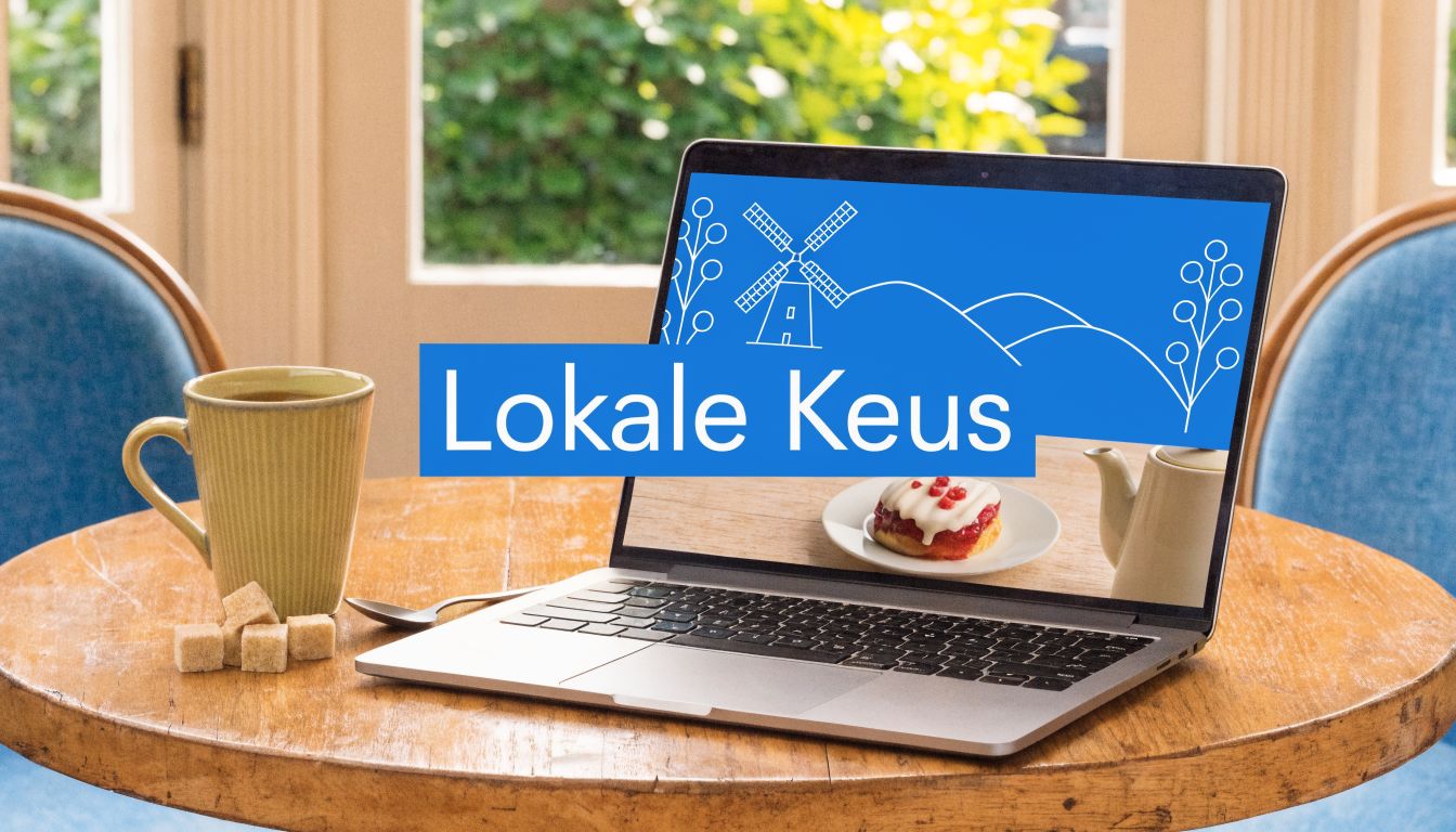 Een laptop op een houten tafel met een afbeelding van gebak en het logo Lokale Keus.