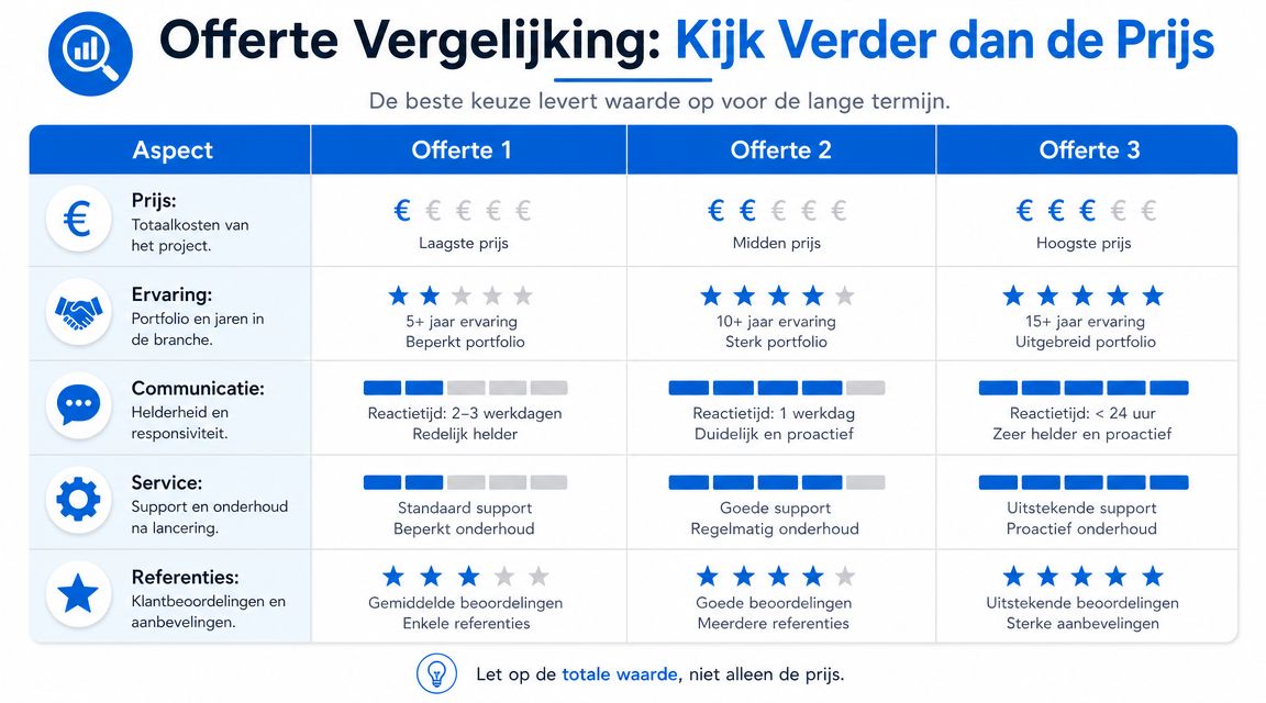 Vergelijkingstabel voor offertes met focus op prijs, ervaring, communicatie, service en klantbeoordelingen voor betere besluitvorming.