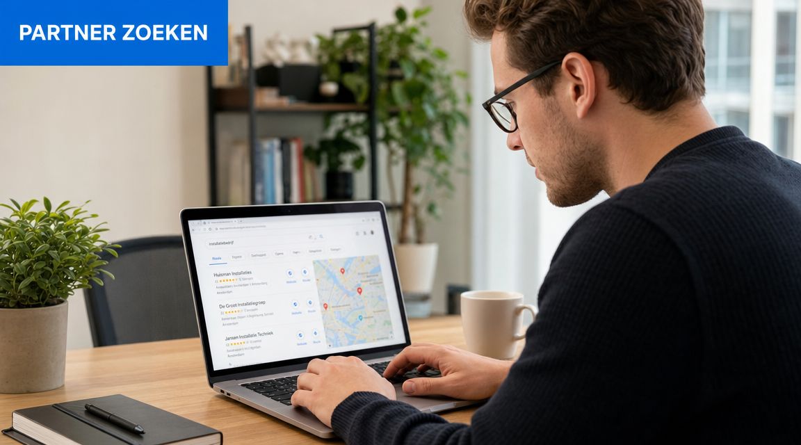 Een man met een bril werkt op een laptop aan een bureau in een modern kantoor.