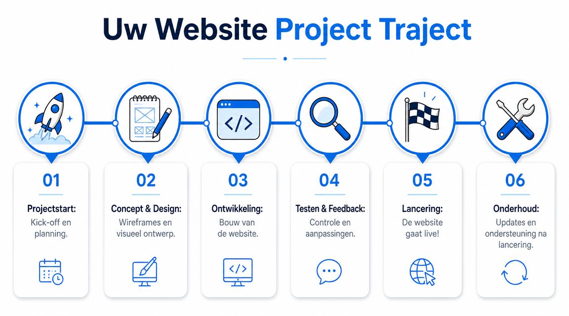 Een overzichtelijk stappenplan voor het traject van het laten maken van een professionele zakelijke website.