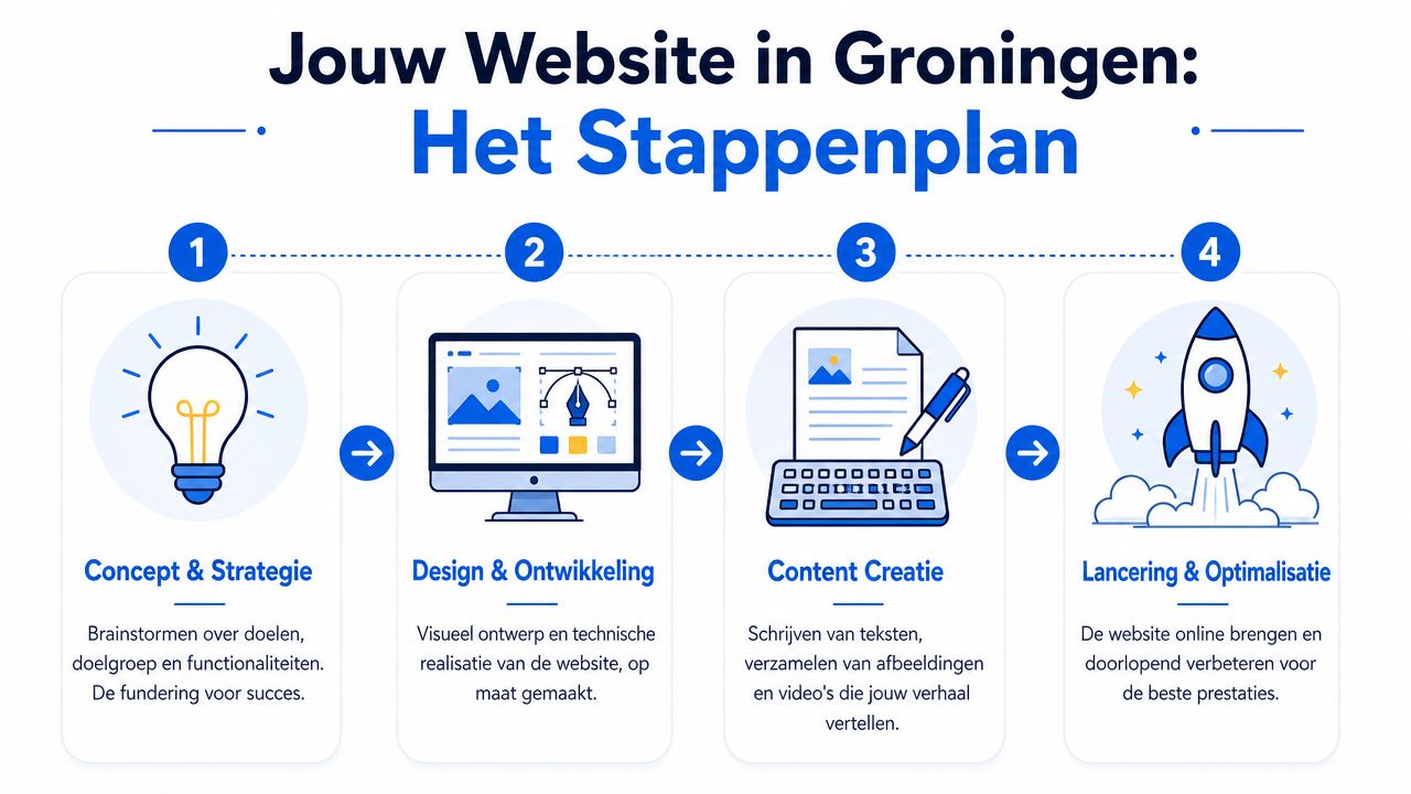 Een overzichtelijk stappenplan in vier fasen voor het professioneel laten maken van een website in Groningen.