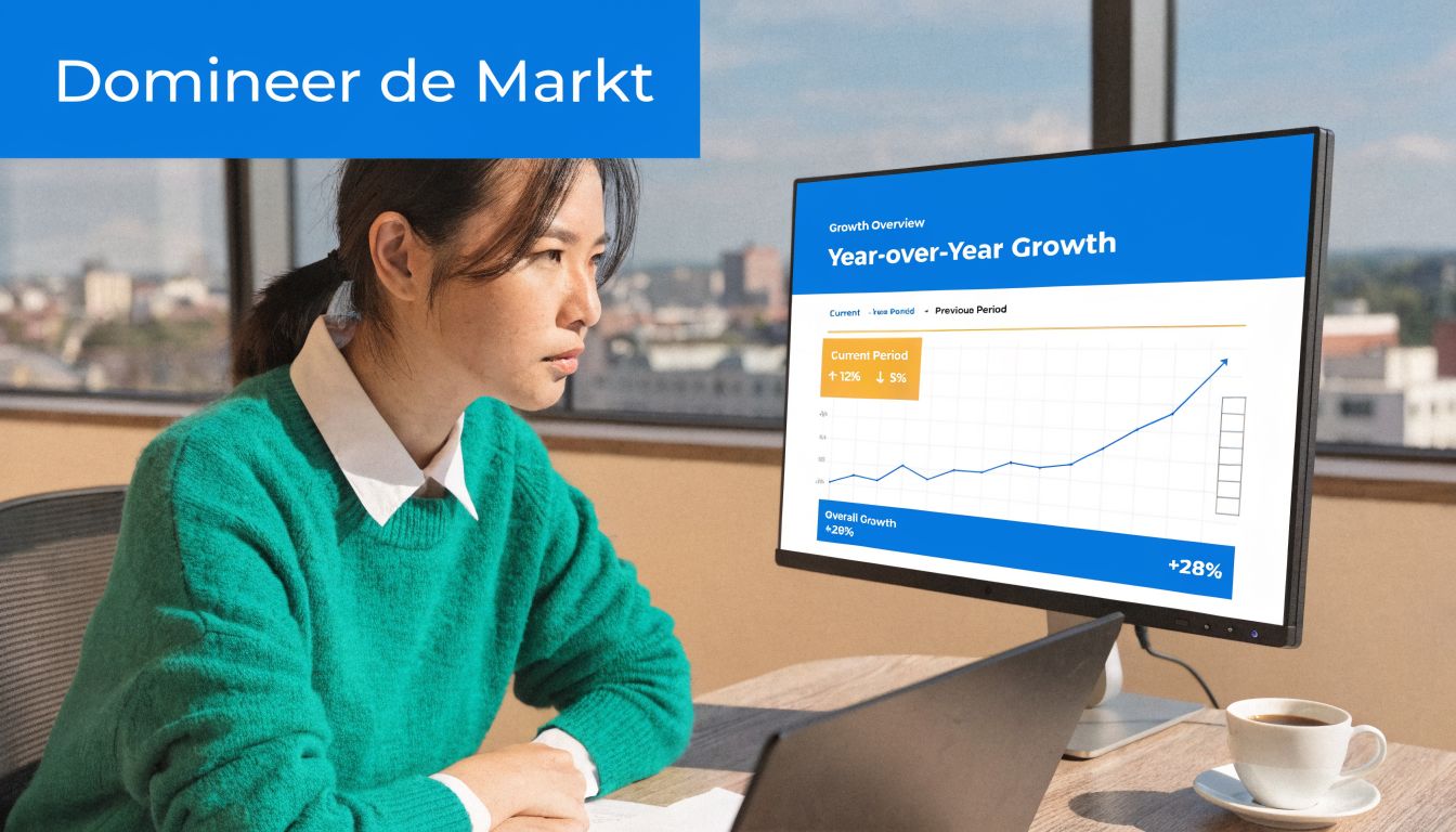 Een vrouw in een groene trui kijkt geconcentreerd naar een grafiek over groei op haar beeldscherm.