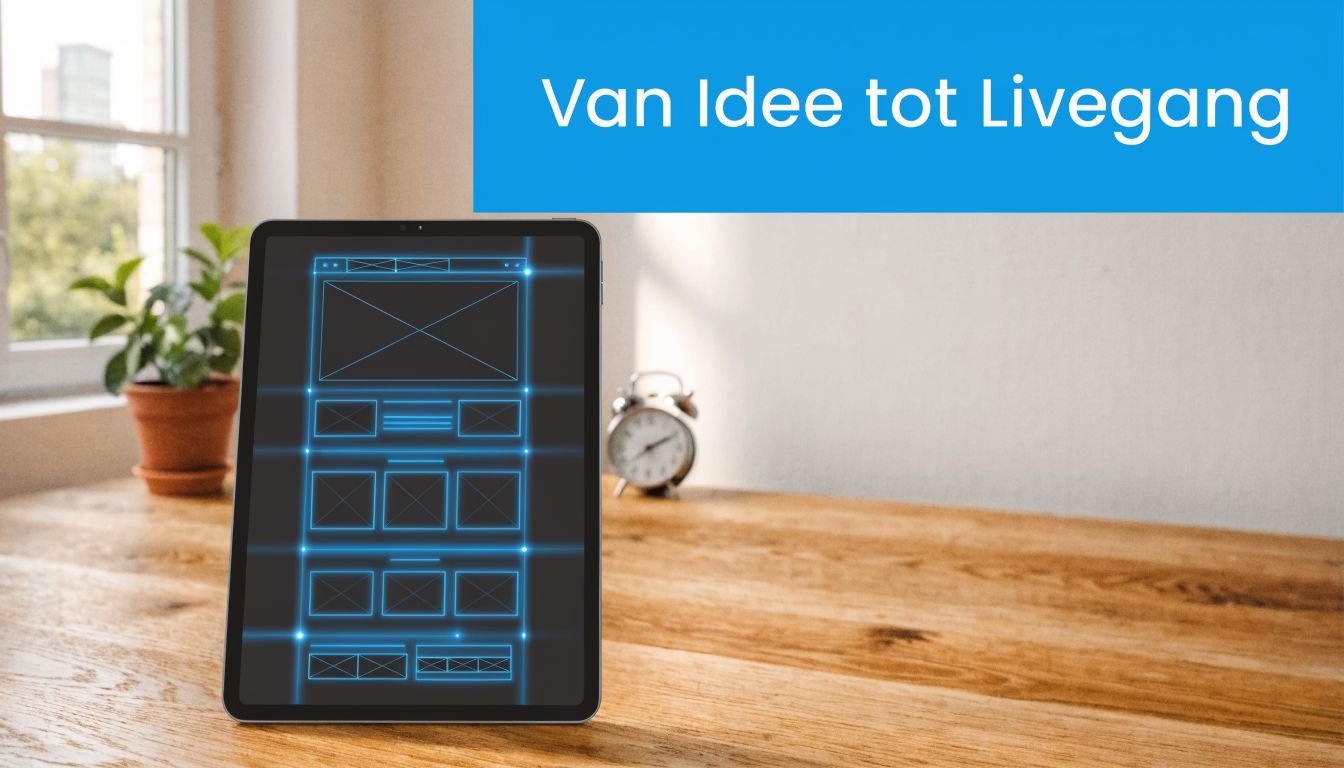 Een tablet op een houten bureau met een blauwe wireframe schets van een website ontwerp erop.