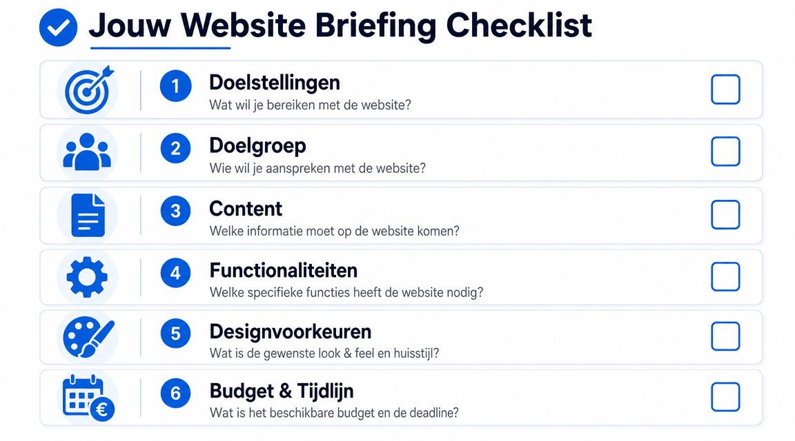 Een overzichtelijke checklist met zes stappen voor het opstellen van een effectieve website briefing voor ondernemers.