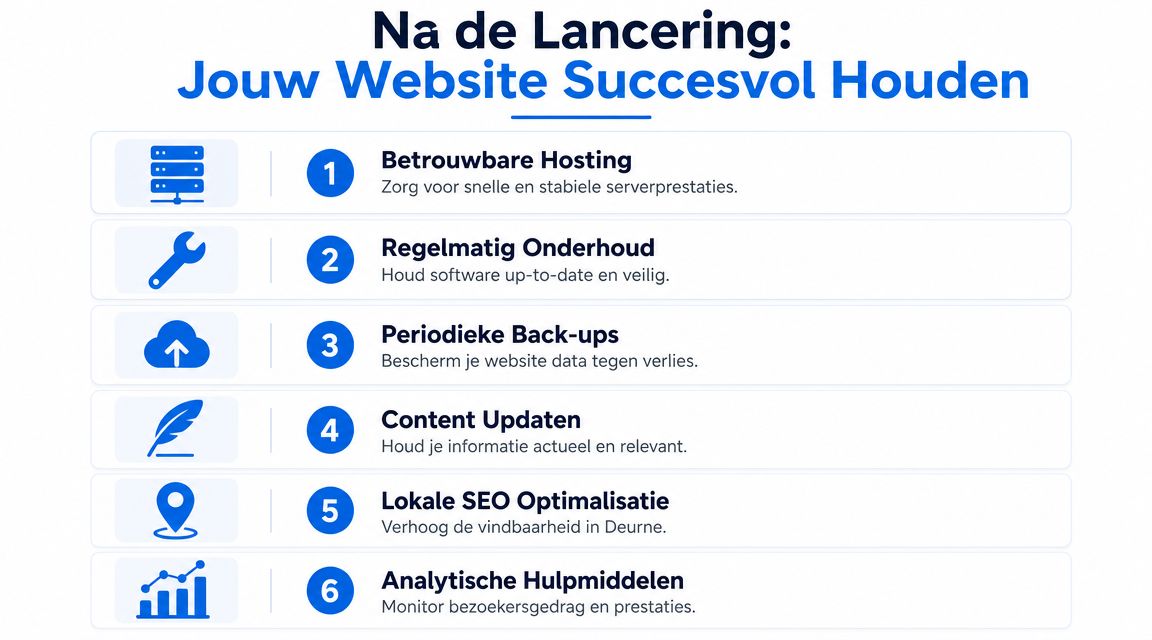 Een infographic met zes stappen voor het succesvol onderhouden en optimaliseren van een website na de lancering.