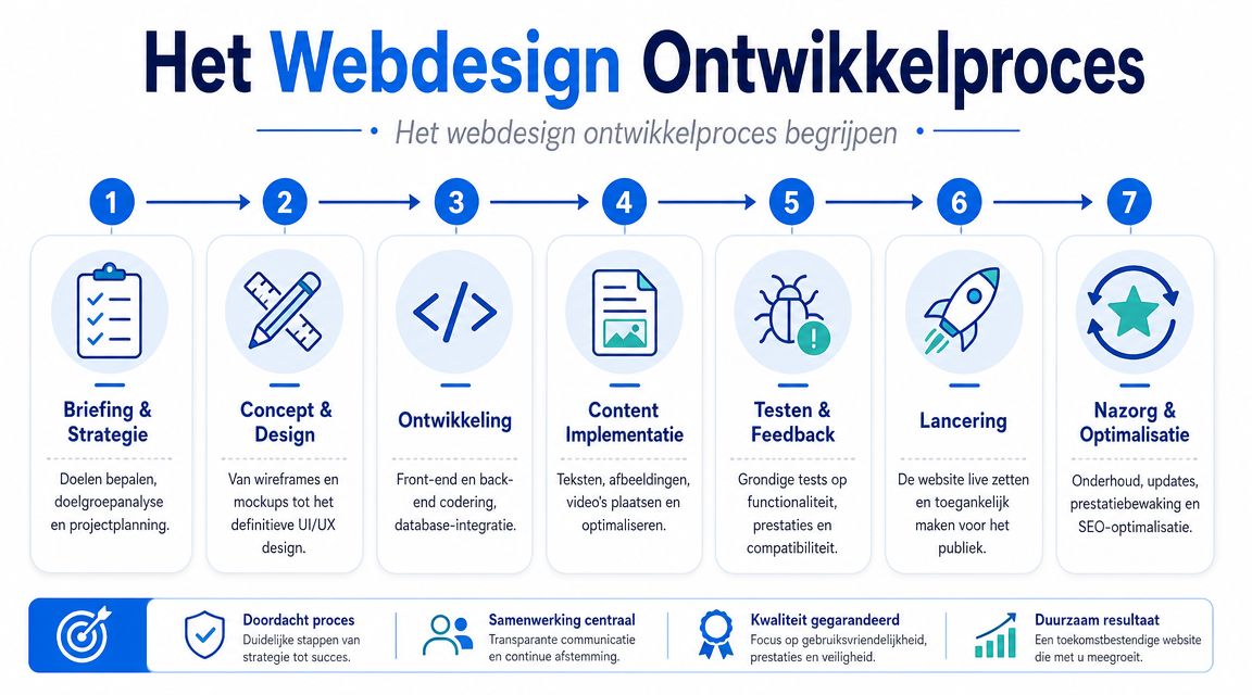 Een overzichtelijk procesdiagram met zeven stappen voor het professioneel laten maken van een website.