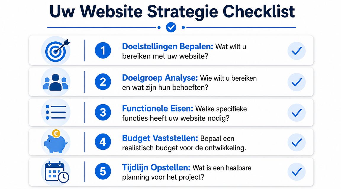 Een overzichtelijke checklist met vijf stappen voor het ontwikkelen van een succesvolle website strategie.