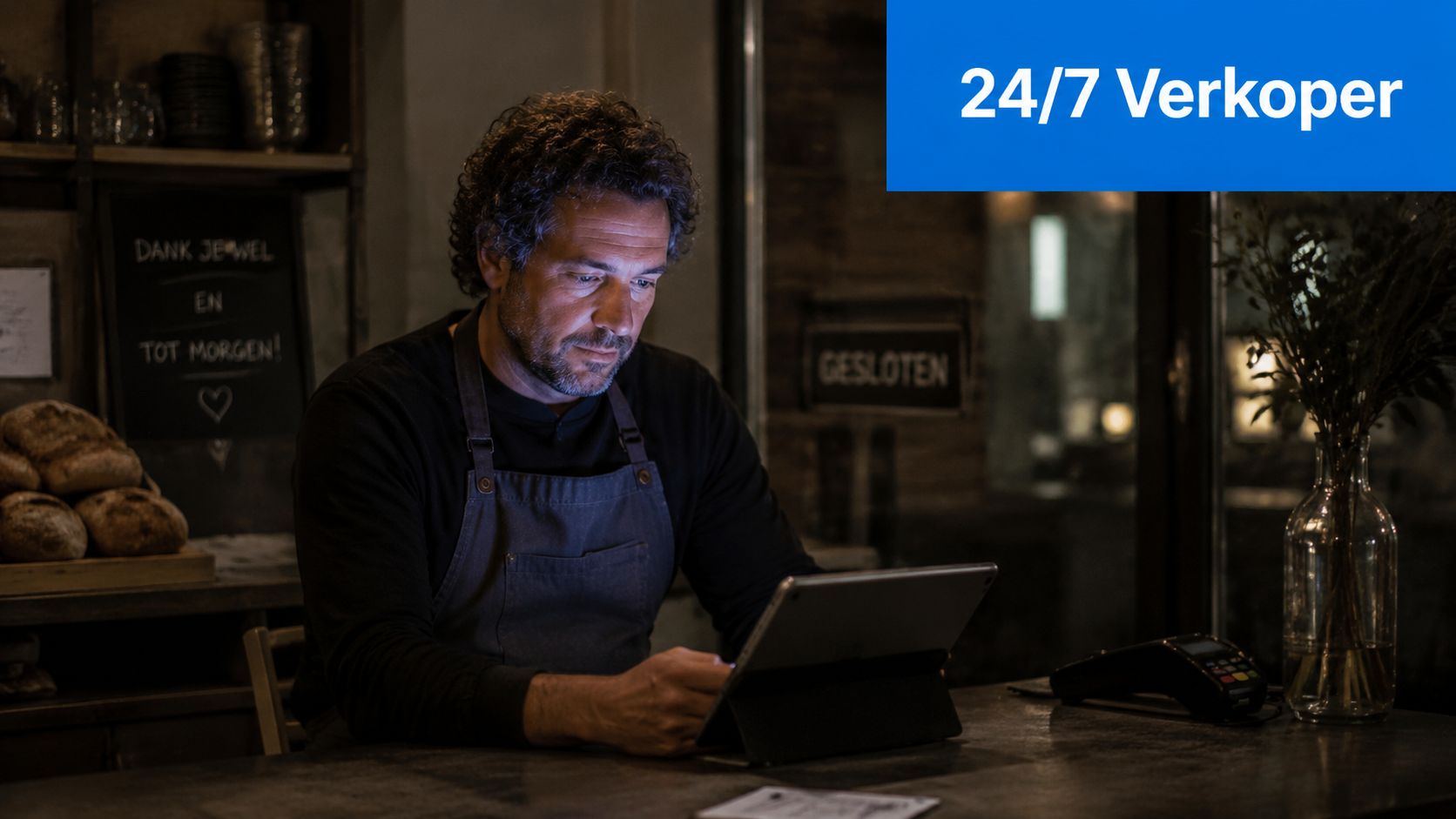Een bakker die in de avond op een tablet werkt in zijn gesloten winkel in Groningen.