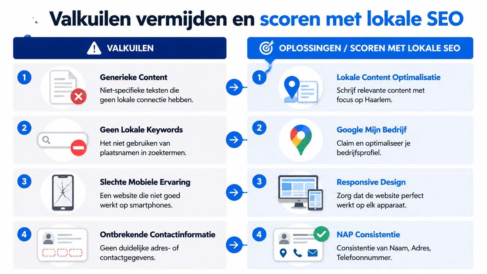Een infographic die valkuilen en oplossingen voor lokale SEO in Haarlem vergelijkt in vier duidelijke stappen.