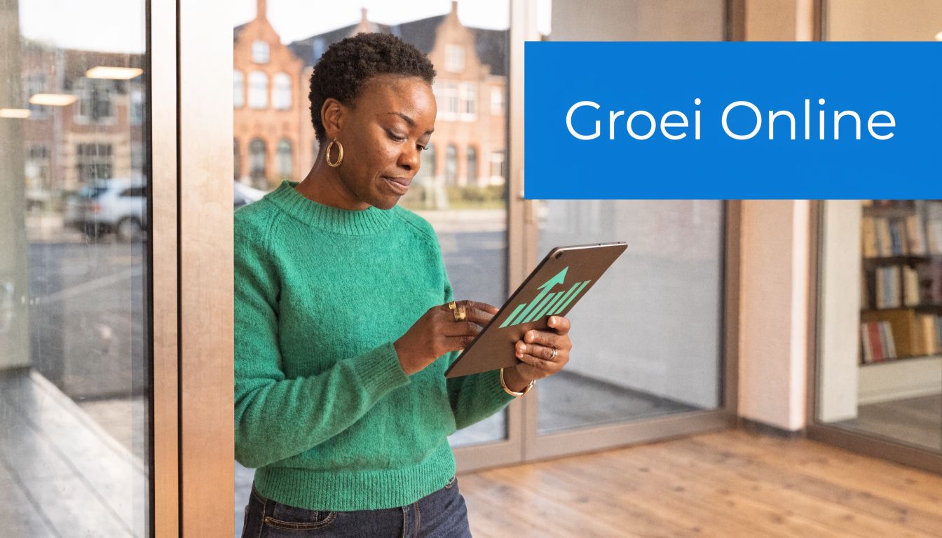 Een zakenvrouw in een groene trui kijkt geconcentreerd naar de groeigrafiek op haar tablet bij een raam.