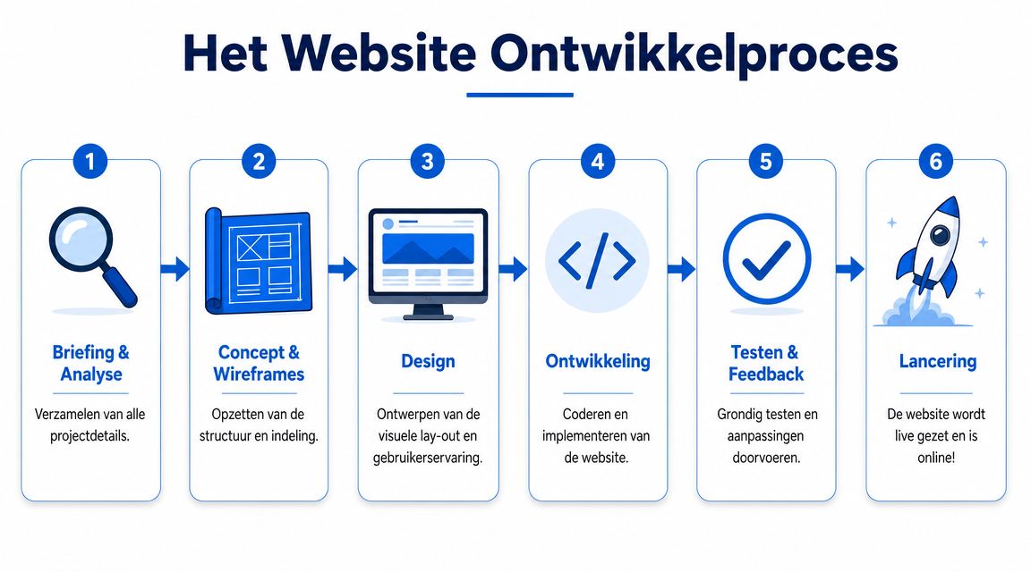 Een overzichtelijk procesdiagram met zes stappen voor het professioneel ontwikkelen van een nieuwe website.