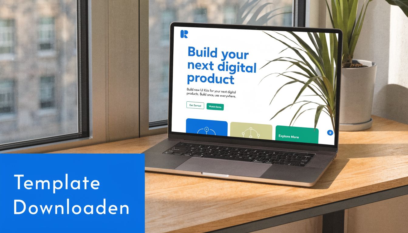 Een open laptop op een houten bureau die een website toont voor het ontwikkelen van digitale producten.
