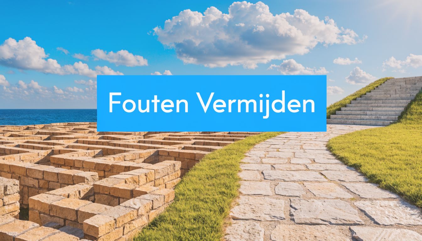 Een pad dat langs een stenen doolhof loopt, naar een trap die naar de blauwe lucht leidt.