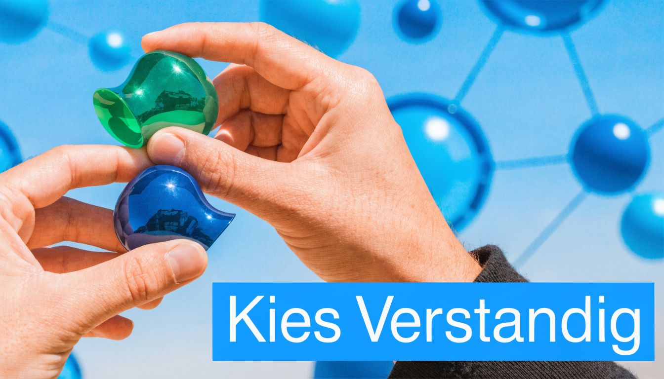 Twee handen die een groen en een blauw object vasthouden voor een blauwe achtergrond met molecuulstructuren.