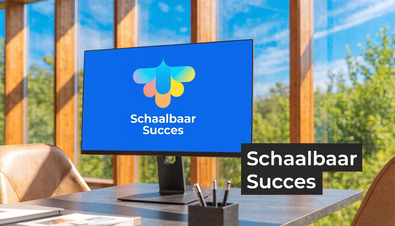 Een modern kantoor met een computerscherm waarop het logo van Schaalbaar Succes en bedrijfsnaam zijn afgebeeld.