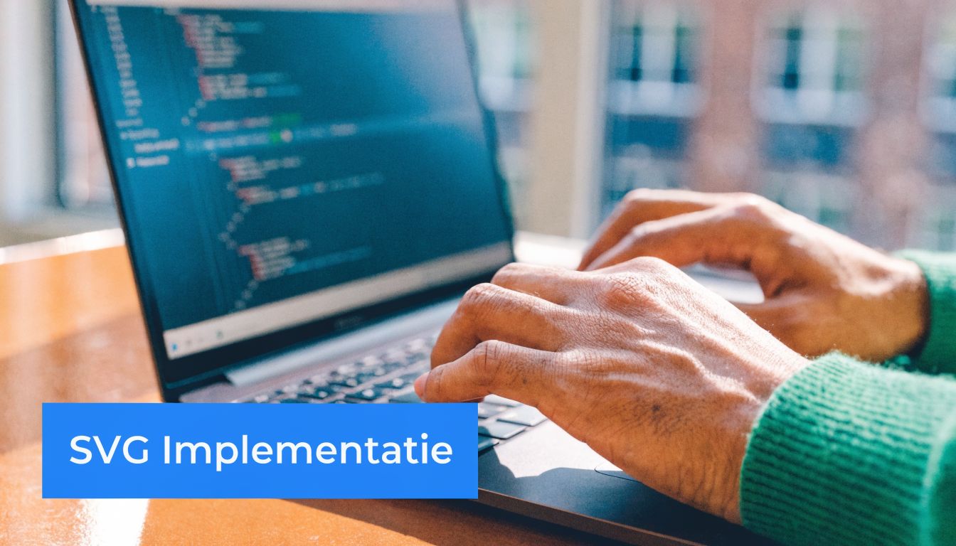 Een persoon die code schrijft op een laptop met de tekst SVG Implementatie op de voorgrond.