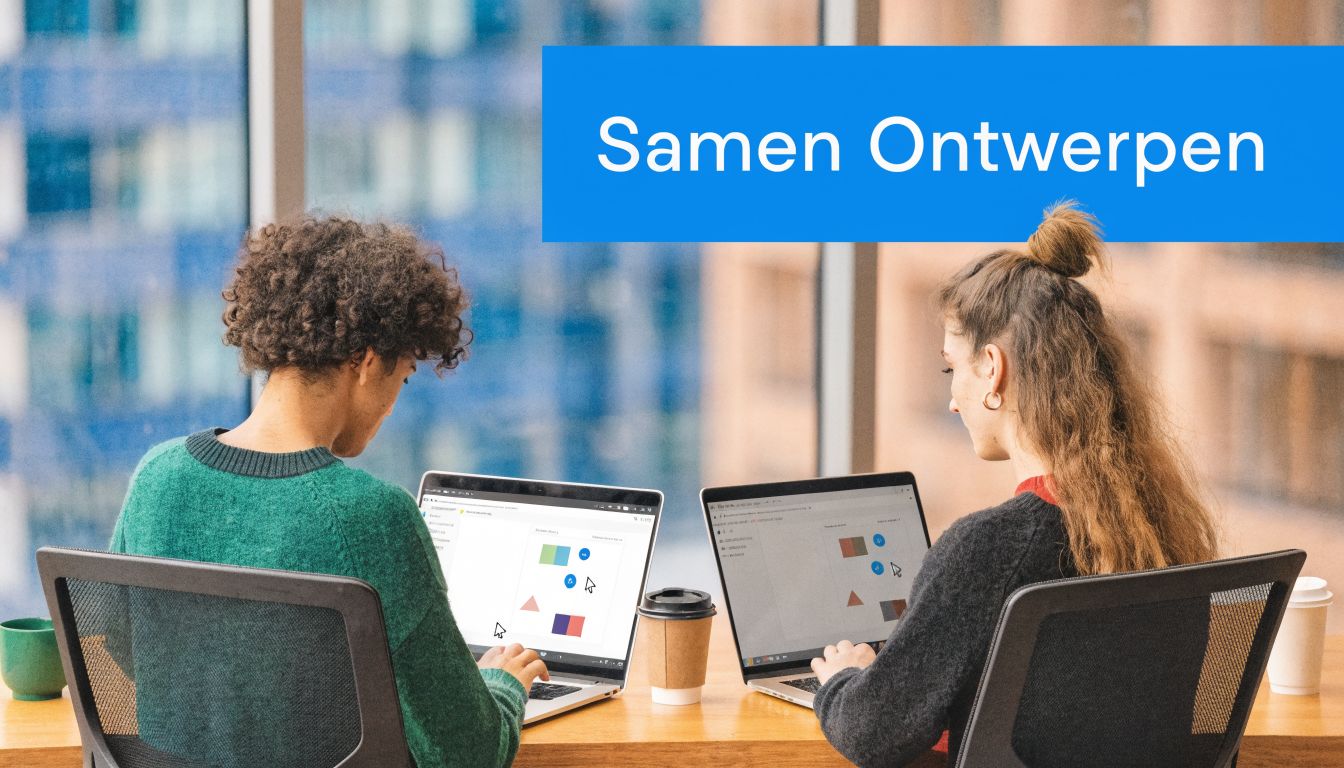 Twee personen werken samen aan een gezamenlijk designontwerp op hun eigen laptops bij een bureau.