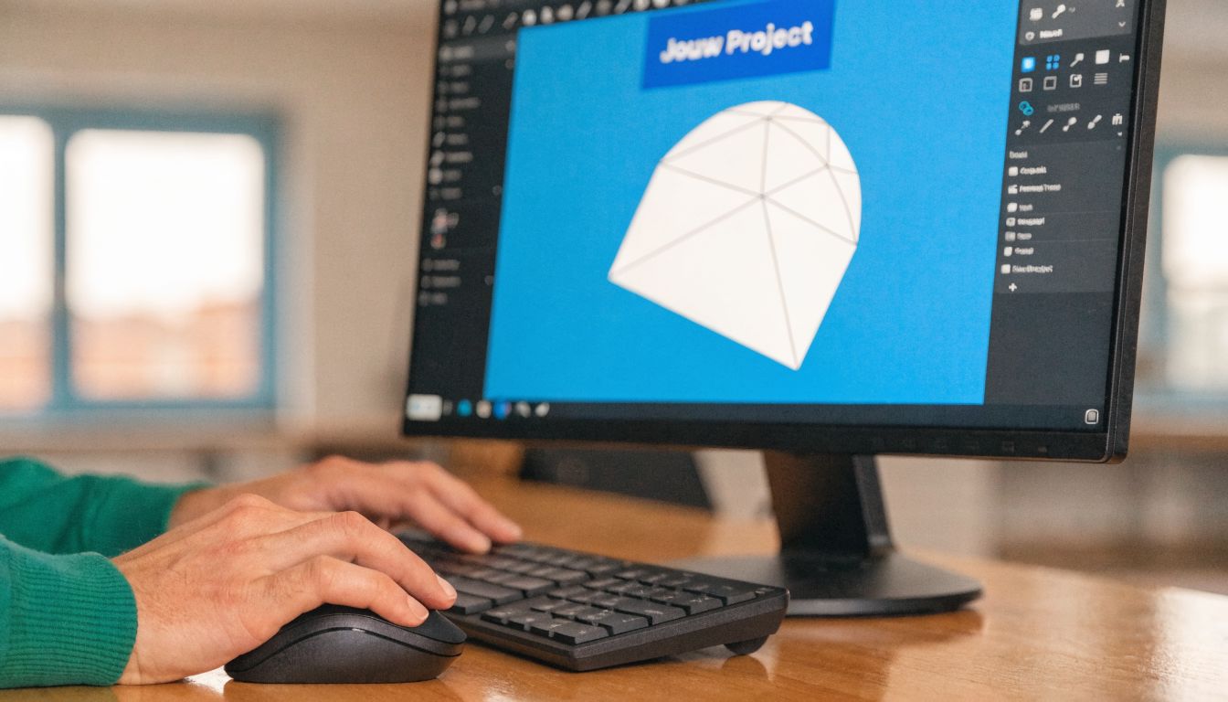 Een persoon werkt achter een computer aan een ontwerp in de software Figma op een bureau.