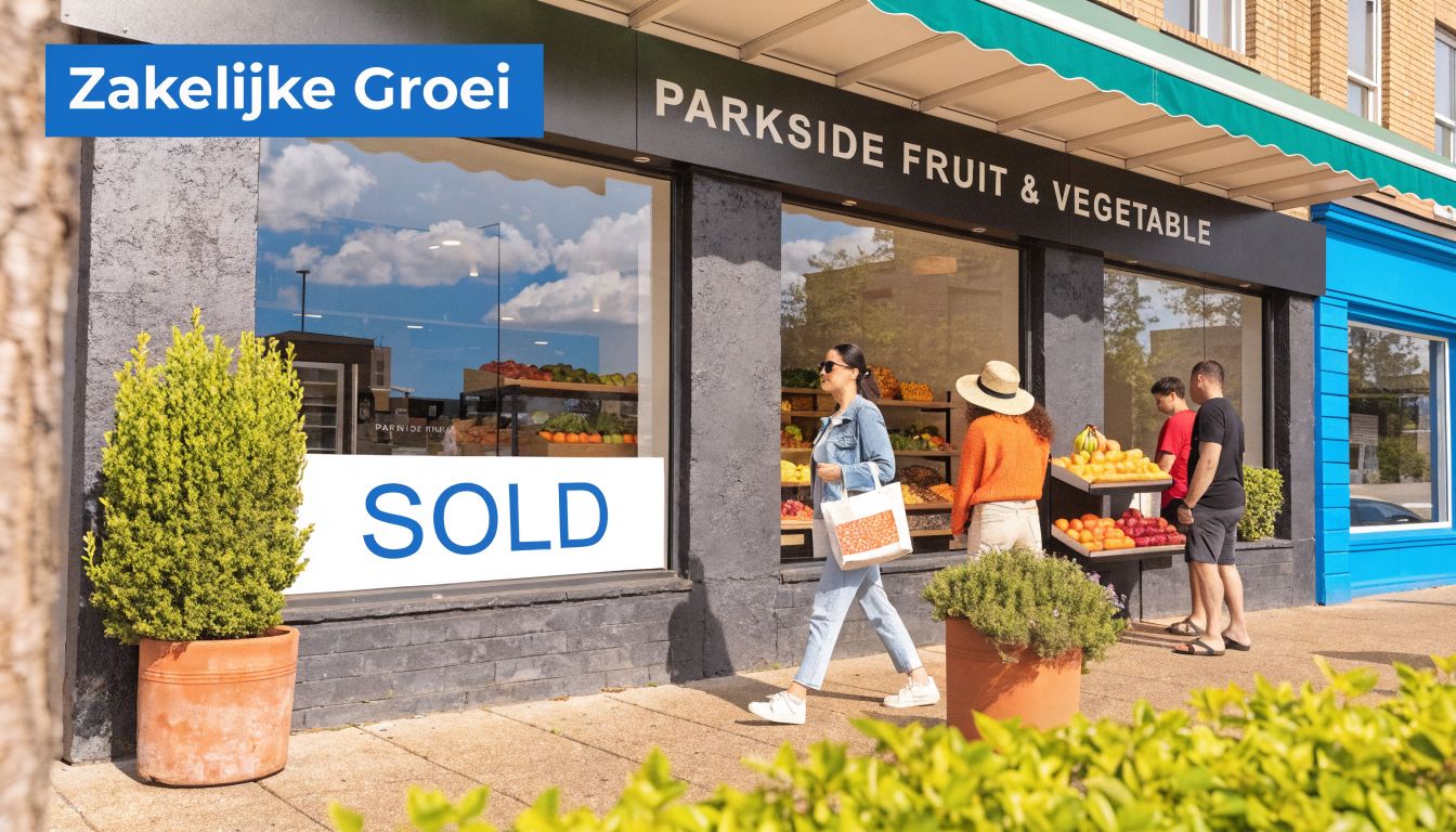 Een persoon loopt langs een groentewinkel genaamd Parkside Fruit & Vegetable met een groot 'VERKOCHT' bord op het raam.