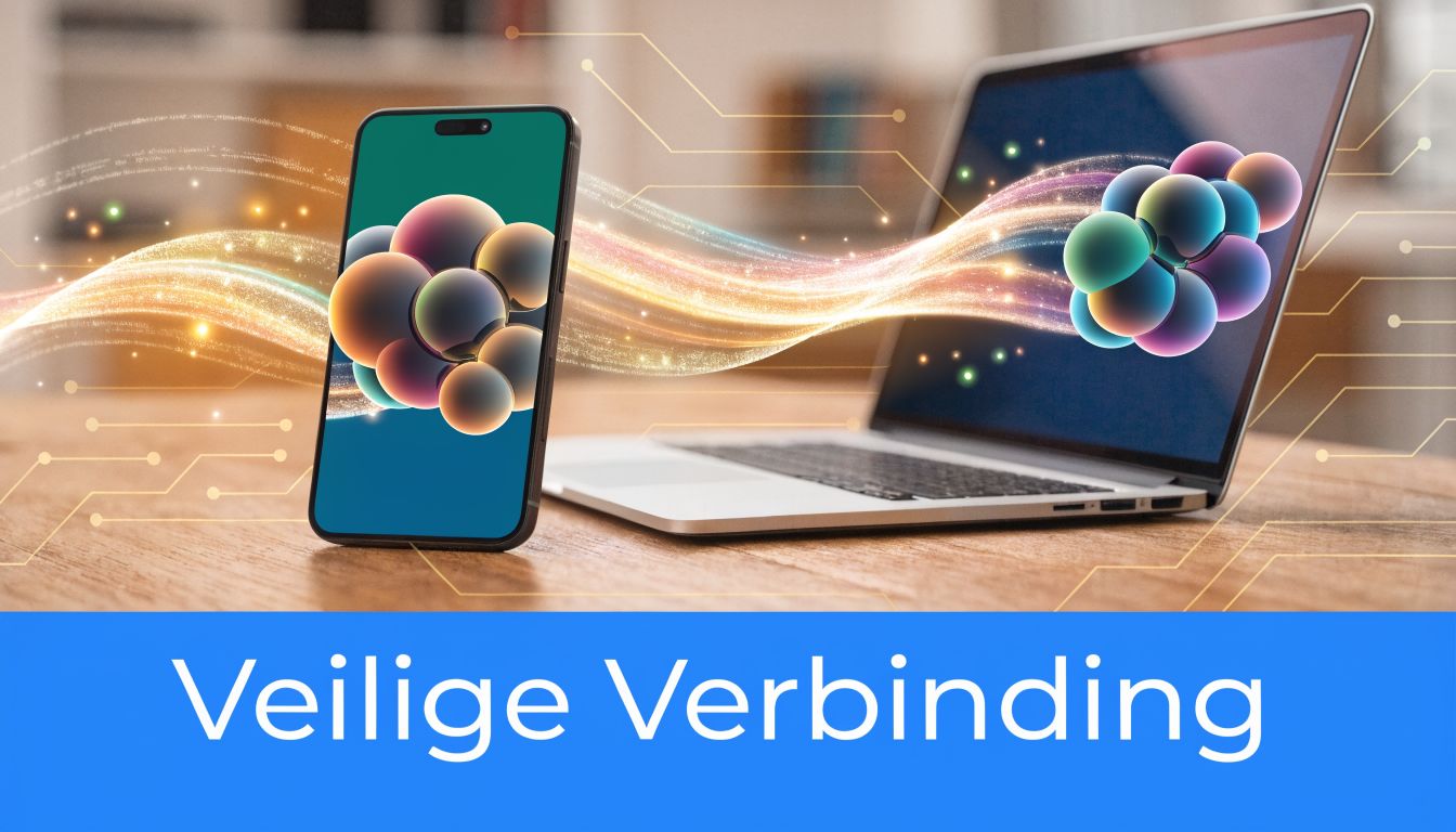 Een smartphone en laptop verbonden via een lichtgevende datastroom die staat voor een beveiligde digitale internetverbinding.