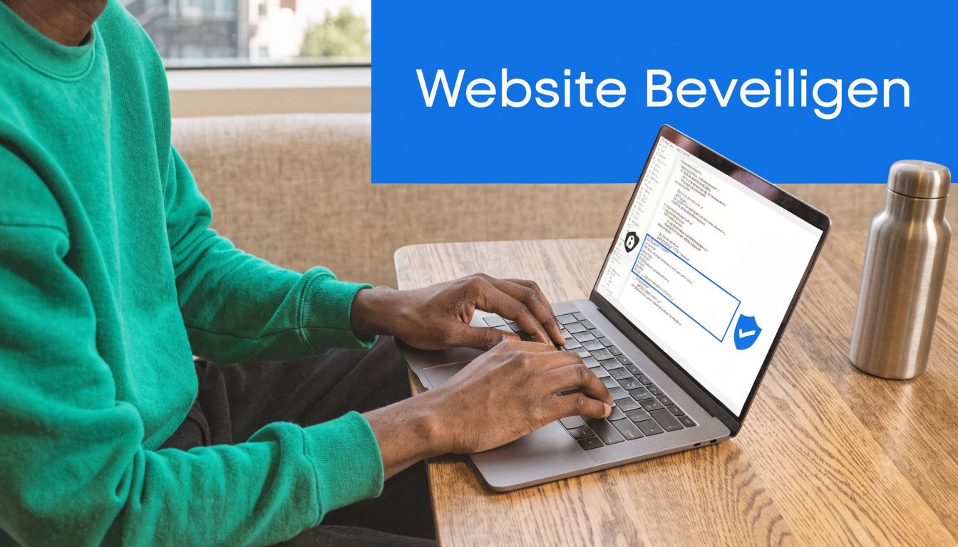 Een persoon in een groene trui werkt op een laptop aan het beveiligen van een website.