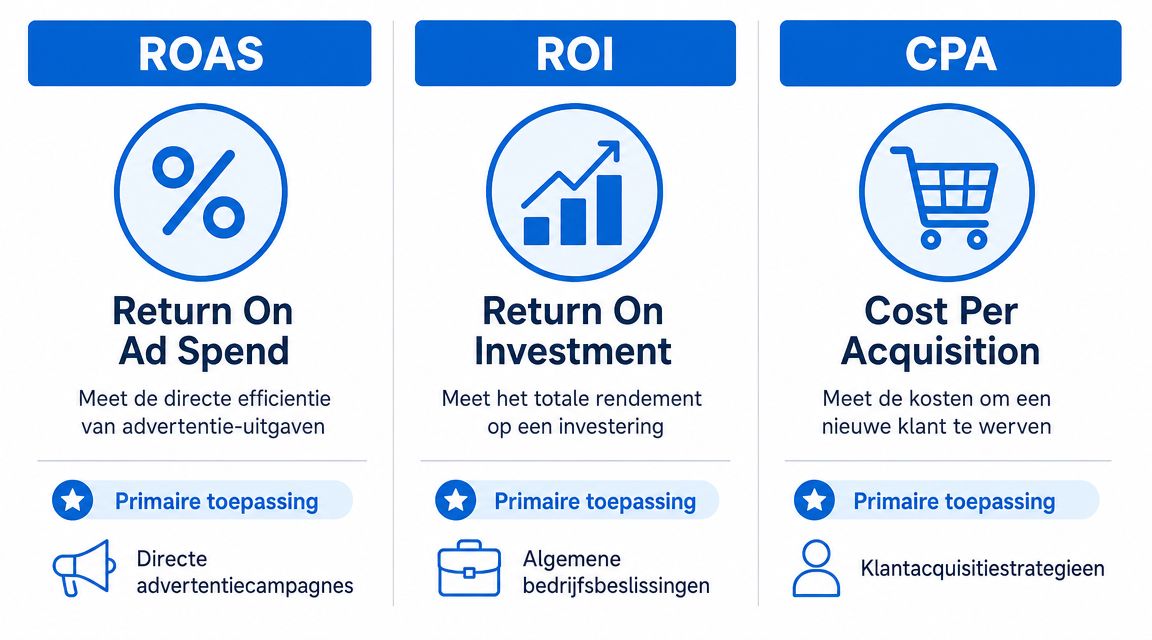 Een overzicht van marketingtermen ROAS, ROI en CPA met uitleg over hun definitie en toepassingen.