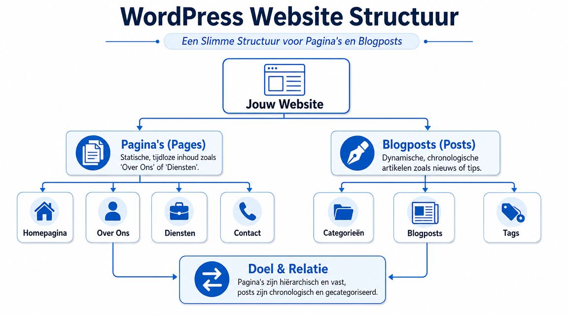 Een overzichtelijk organigram dat de hiërarchische structuur van WordPress-pagina's en dynamische blogposts in een website weergeeft.