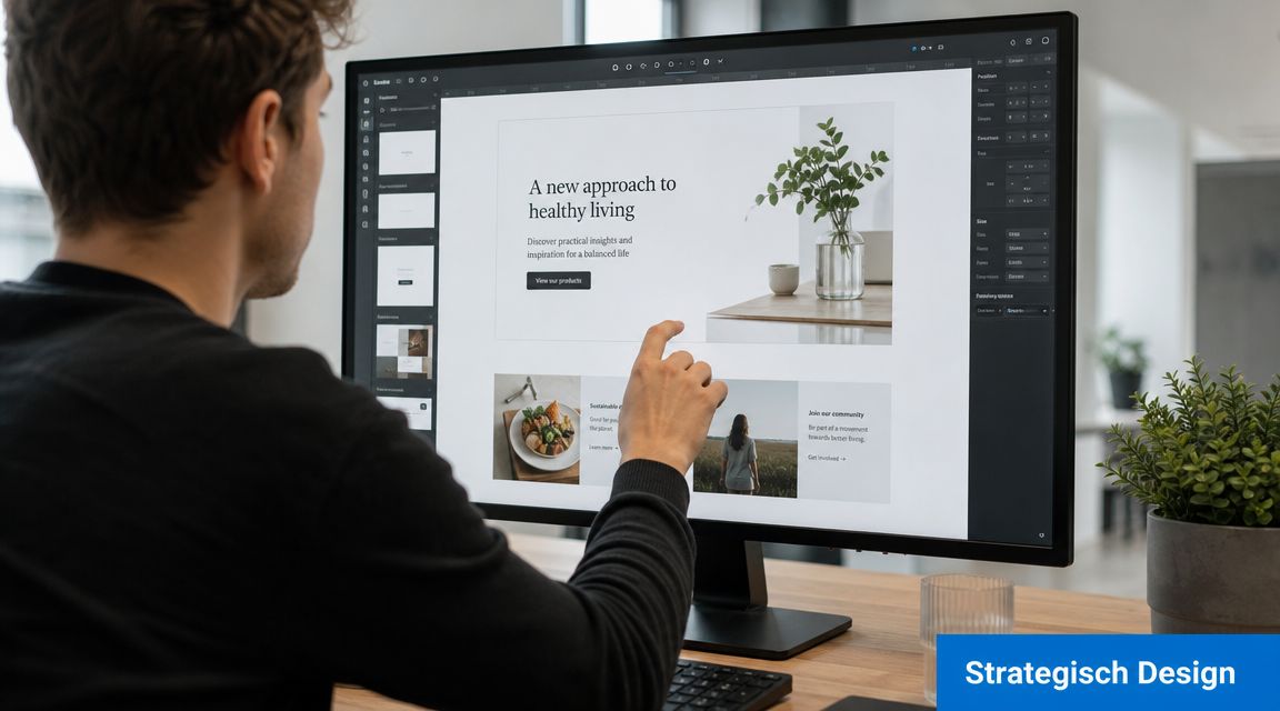 Een man kijkt naar een computerbeeldscherm waarop hij een WordPress website blog aan het ontwerpen is.