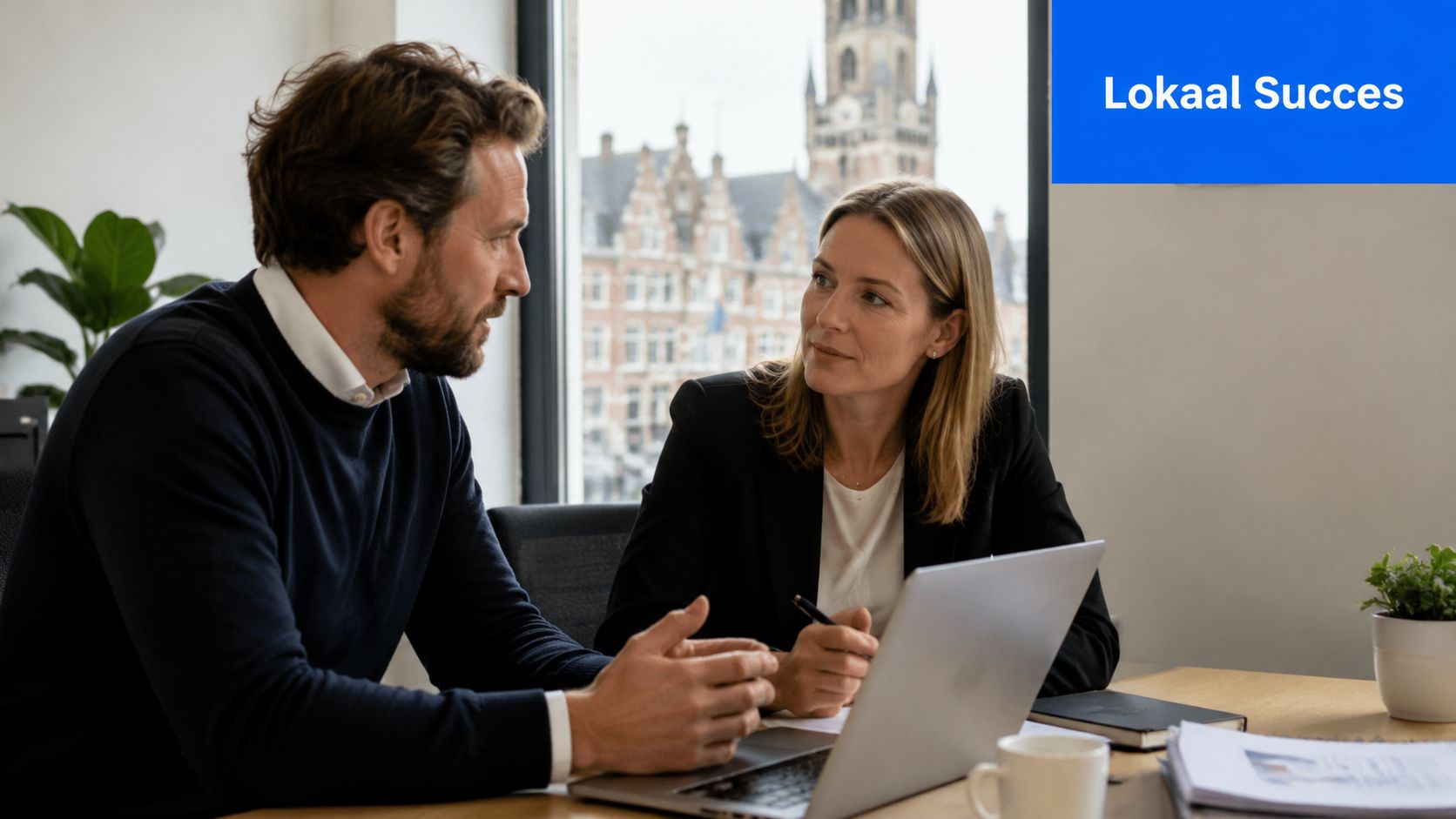 Een man en een vrouw in een zakelijke omgeving die professioneel overleggen voor een laptop op kantoor.
