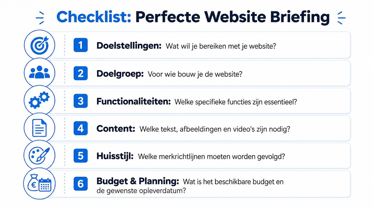 Een checklist voor een perfecte website briefing met zes essentiële stappen voor een succesvol webdesign project.