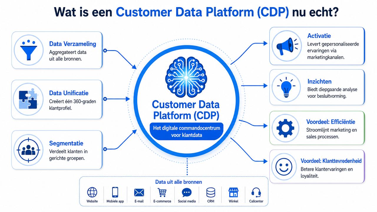 Een overzichtelijk schema dat de werking en de voordelen van een Customer Data Platform visualiseert.