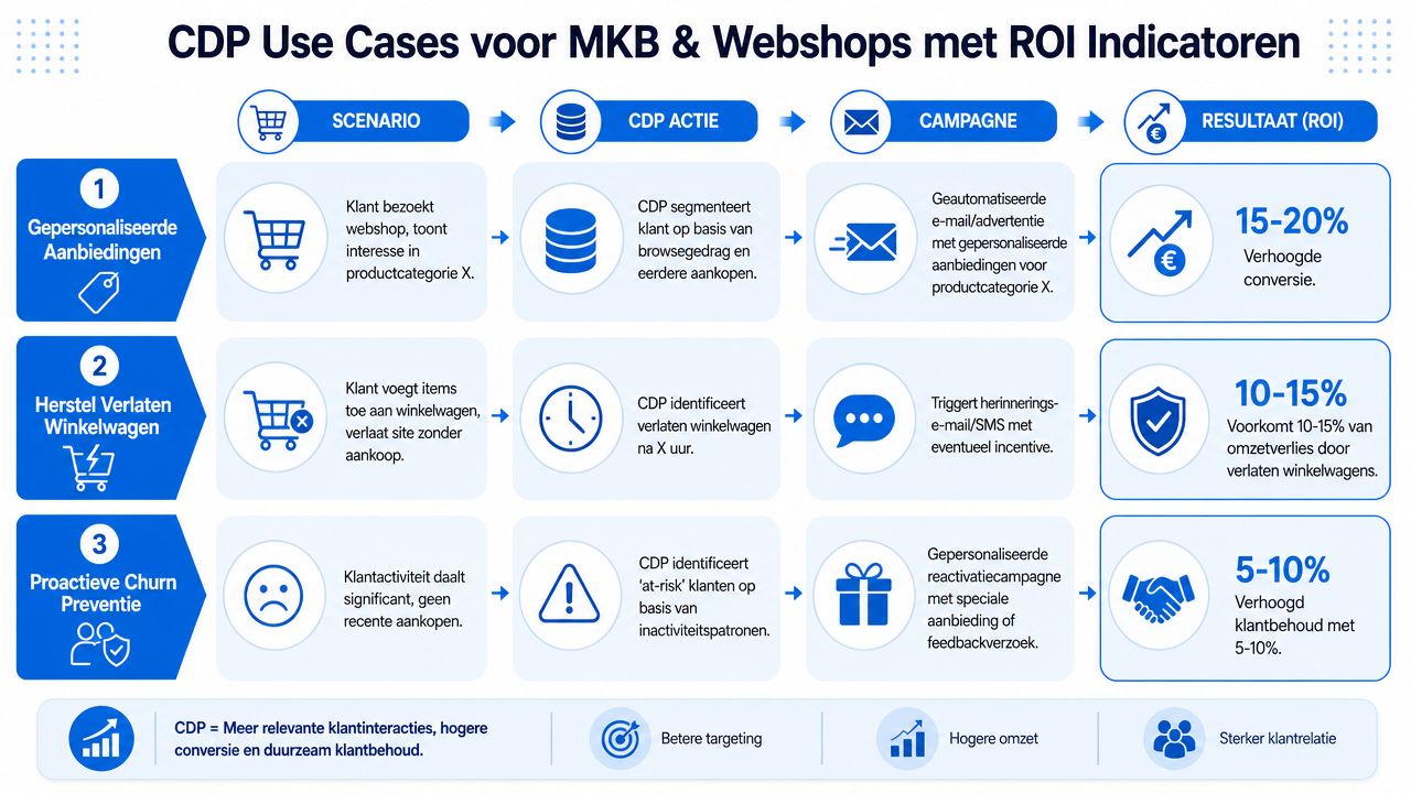 Een overzicht van CDP-usecases voor MKB en webshops met bijbehorende acties en ROI-indicatoren.