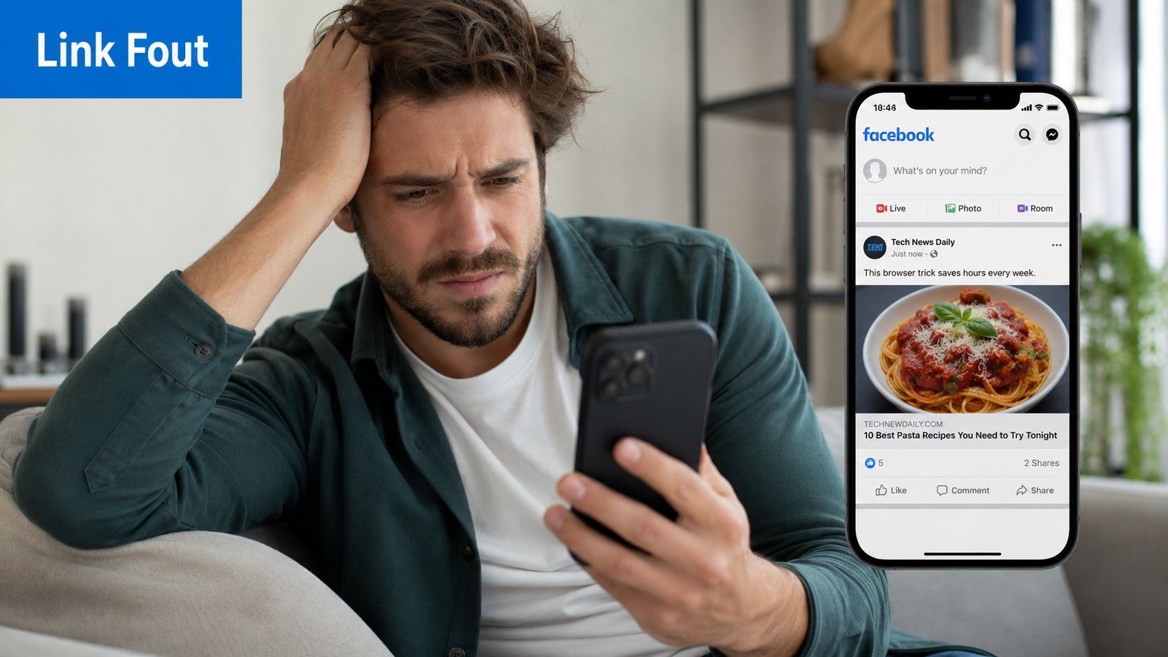Een man kijkt gefrustreerd naar zijn smartphone terwijl hij door zijn Facebook-tijdlijn bladert met pasta recepten.