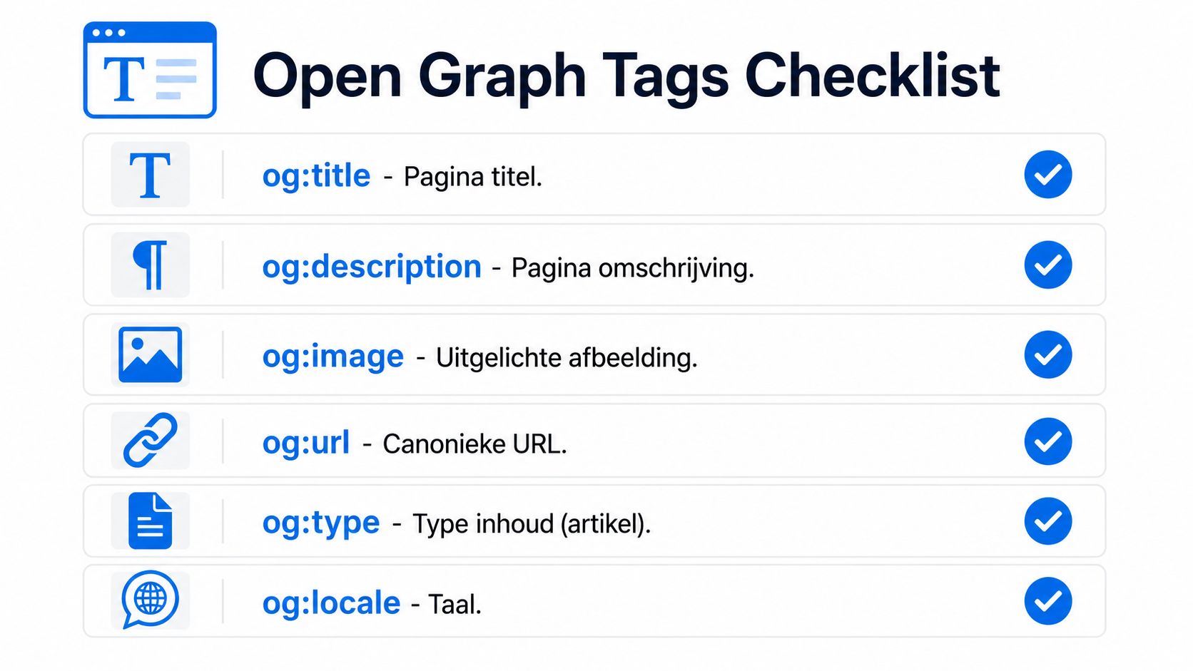Een checklist met essentiële Open Graph-tags voor websiteoptimalisatie en een betere weergave op sociale media.