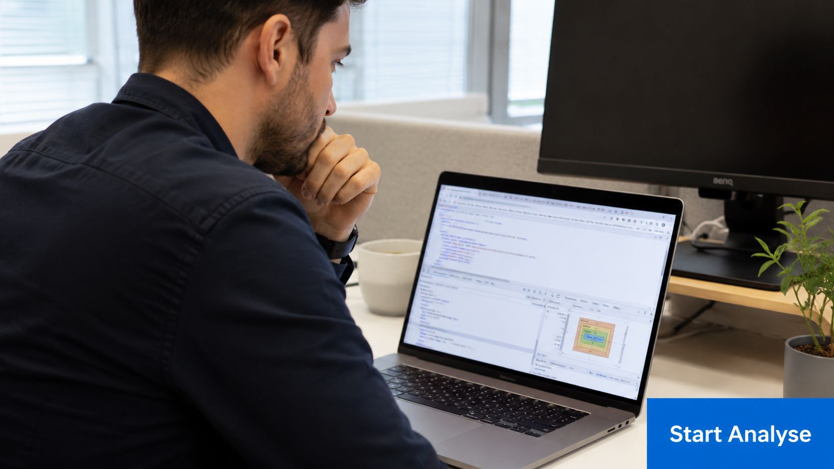 Een man kijkt geconcentreerd naar een laptop waarop code en een website debugger worden weergegeven op kantoor.