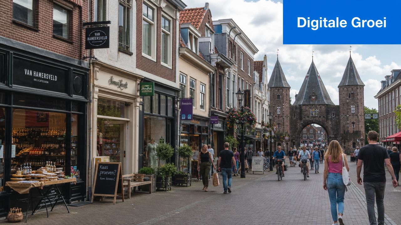 Een gezellige winkelstraat in Amersfoort met de historische Koppelpoort op de achtergrond en mensen die wandelen.