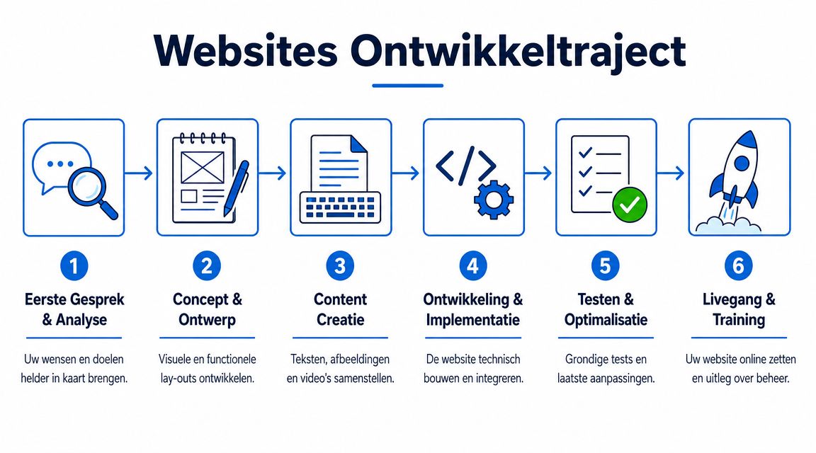 Een overzichtelijk processtappenplan voor het ontwikkelen van een professionele website, weergegeven in zes heldere fasen.