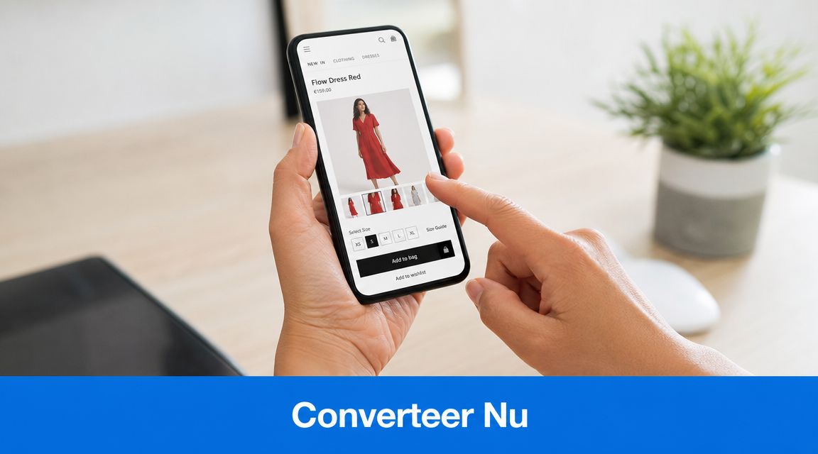 Een persoon bekijkt een rode jurk op een mobiele telefoon via een online kledingwinkel.