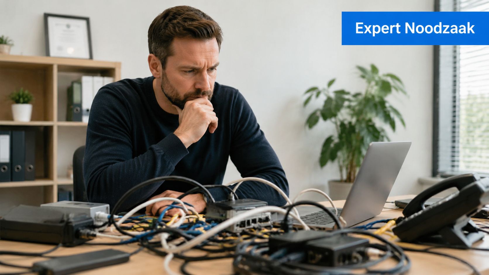 Een man kijkt nadenkend naar een laptop omringd door een wirwar van netwerkkabels en technische apparatuur.