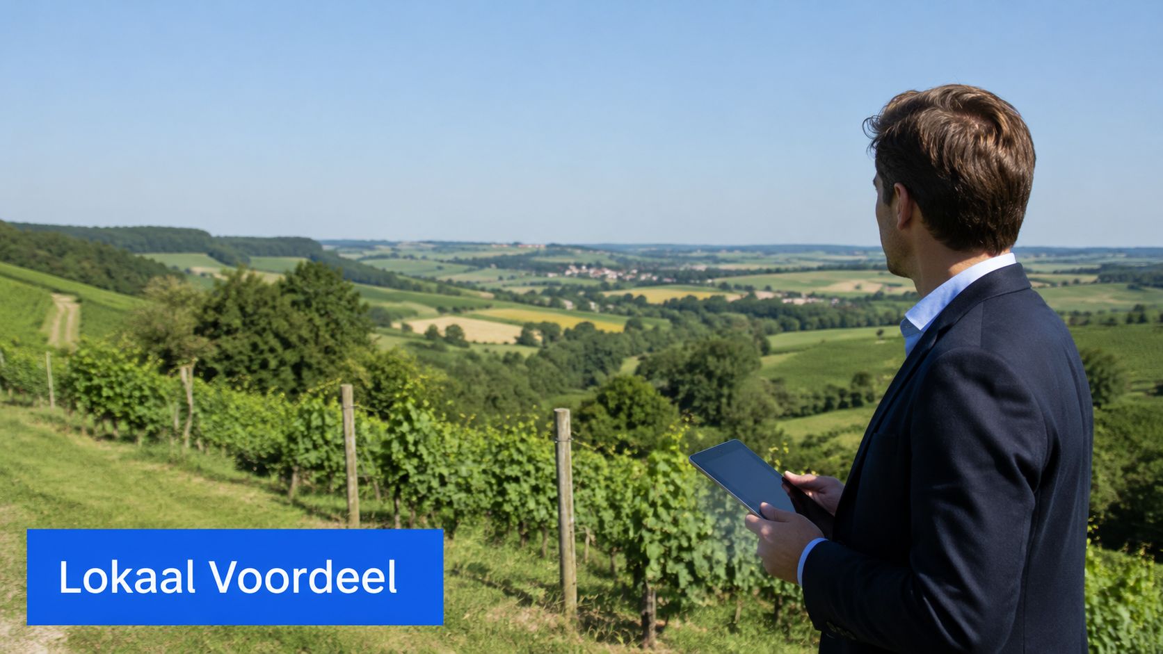 Een man in een colbert bekijkt het uitgestrekte Limburgse landschap terwijl hij een tablet in zijn handen houdt.