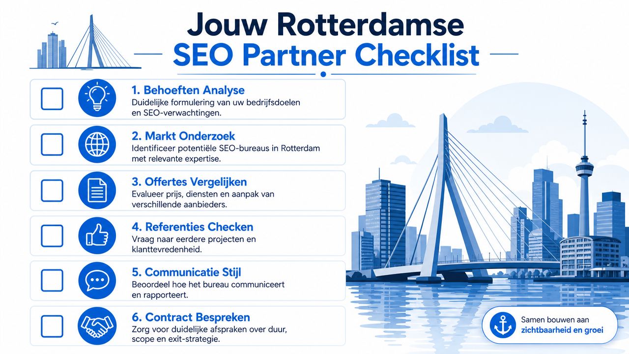 Een overzichtelijke checklist voor het kiezen van een passende SEO-partner in Rotterdam voor bedrijven.