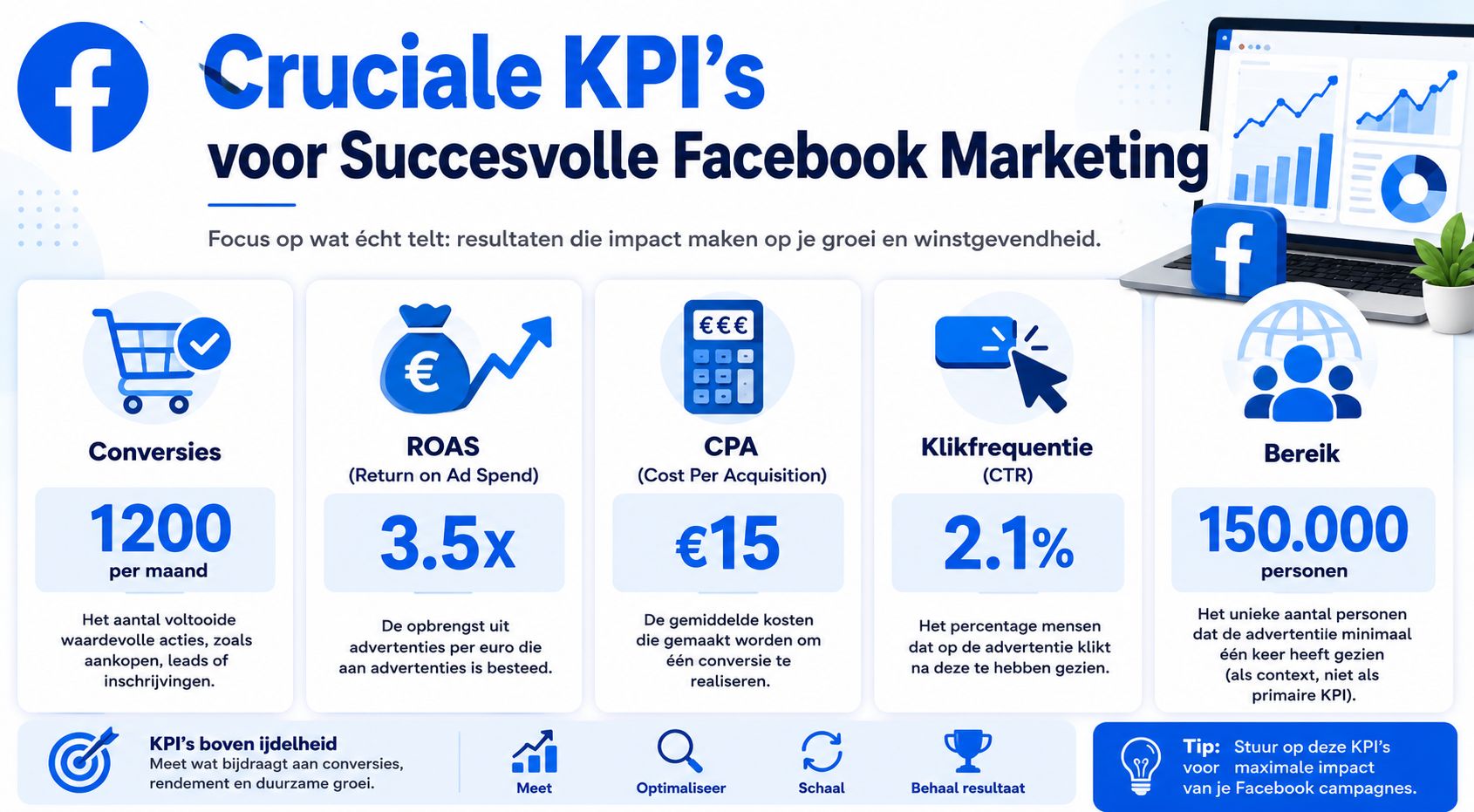Een overzicht van cruciale KPI's voor succesvolle Facebook marketing, inclusief conversies, ROAS, CPA, CTR en bereik.
