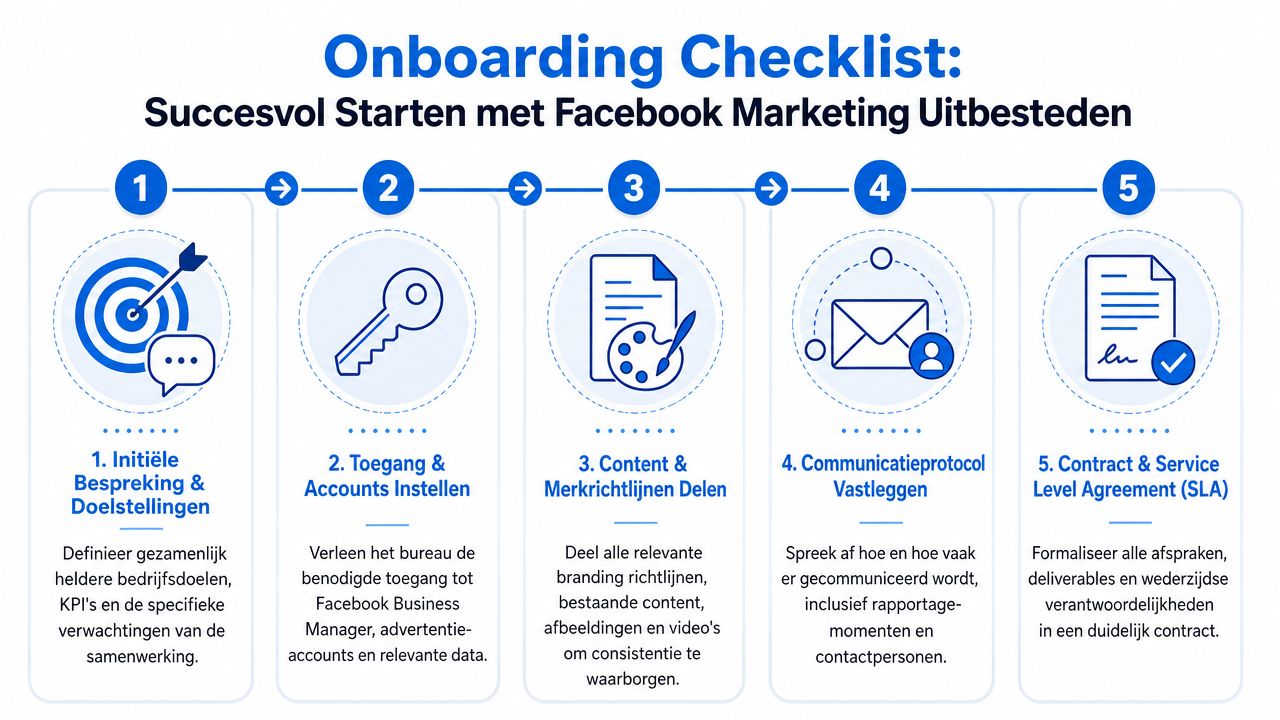Stappenplan voor het succesvol uitbesteden van Facebook marketing met vijf essentiële fasen van onboarding.