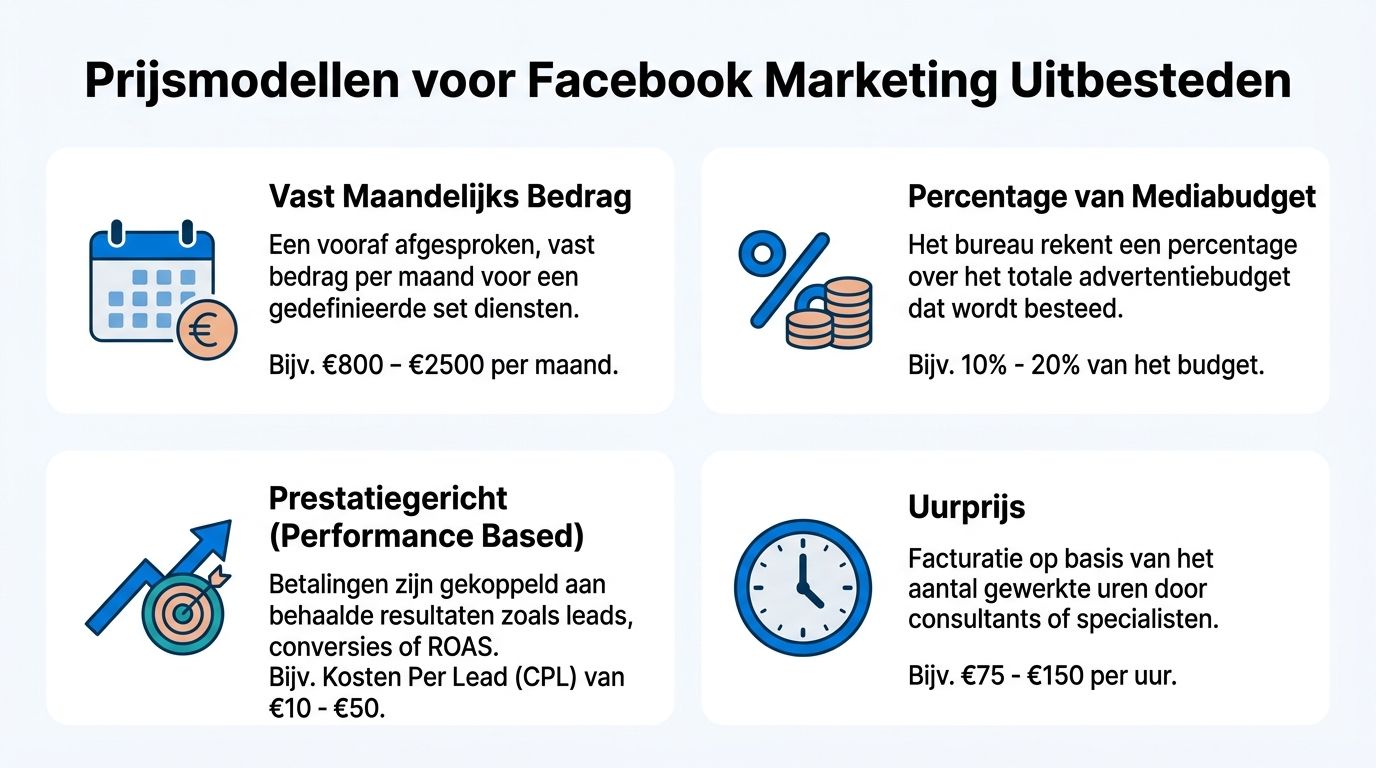 Een overzicht van vier gangbare prijsmodellen voor het uitbesteden van Facebook marketing campagnes aan externe bureaus.