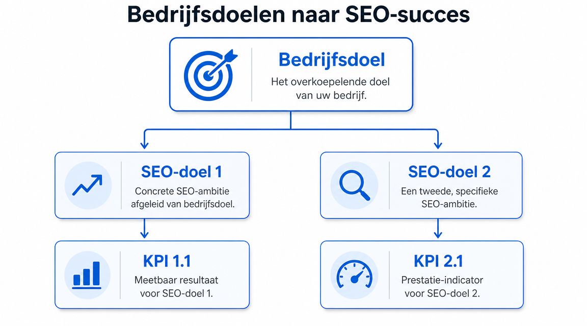 Een stroomschema dat laat zien hoe bedrijfsdoelen worden vertaald naar specifieke SEO-doelen en meetbare KPI's voor succes.