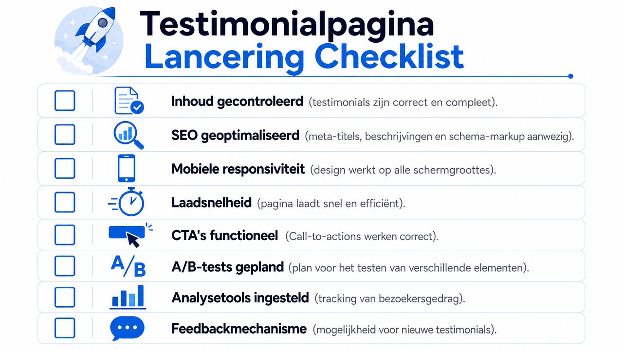 Een checklist voor de lancering van een testimonialpagina met acht essentiële punten voor succes en optimalisatie.