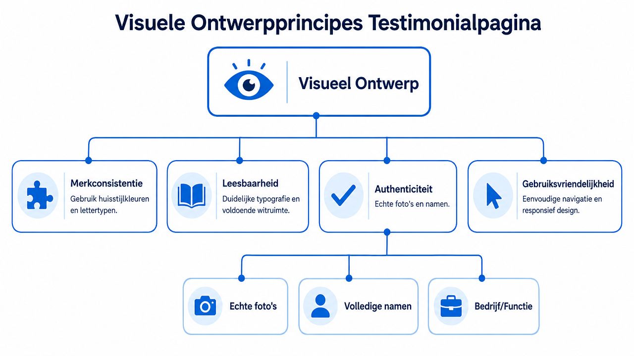 Een stroomdiagram dat de essentiële visuele ontwerpprincipes voor een effectieve testimonialpagina in een overzichtelijk format weergeeft.