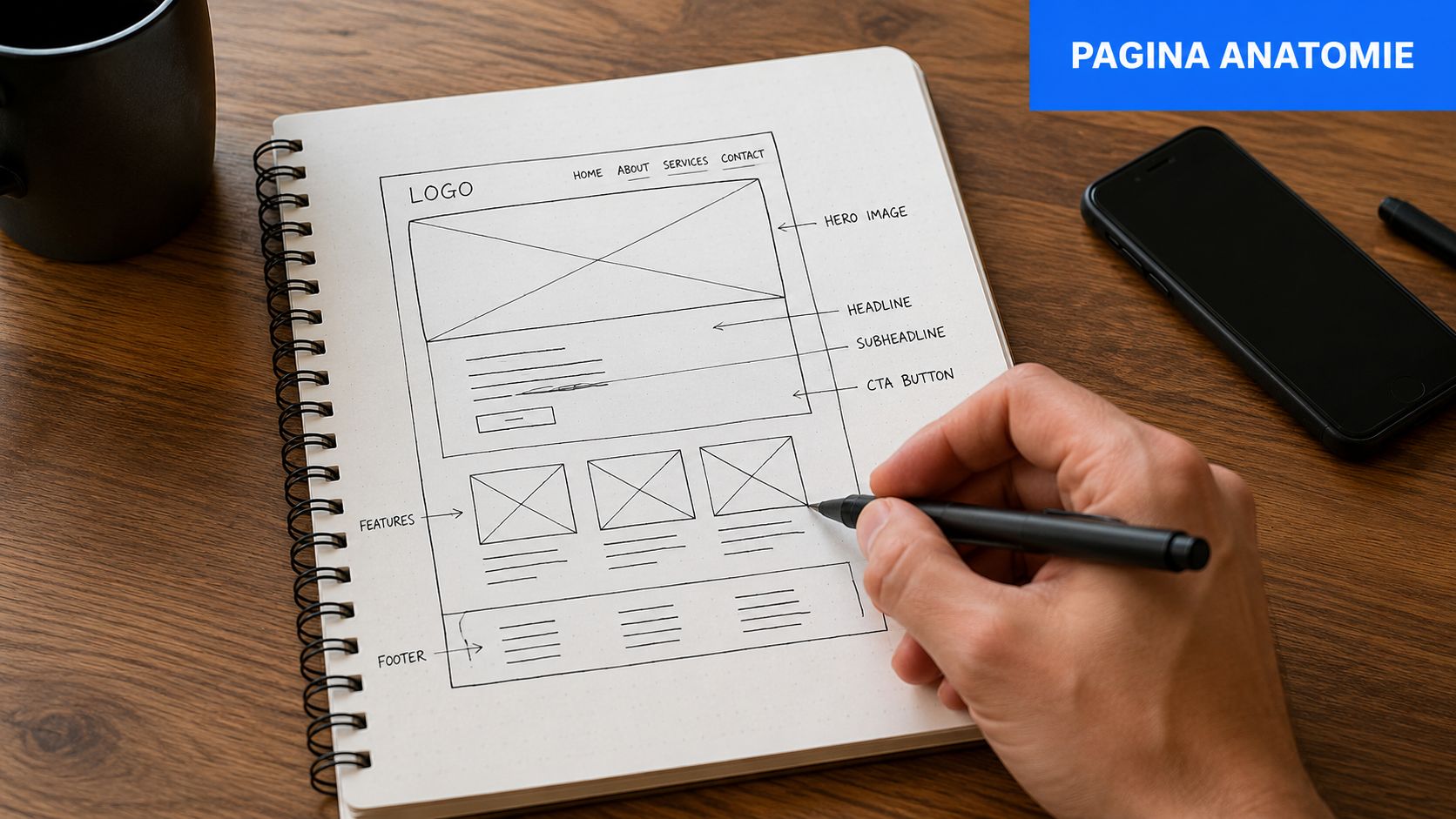 Een hand die een wireframe schets van een websitepagina tekent in een spiraalnotitieboek op een houten bureau.