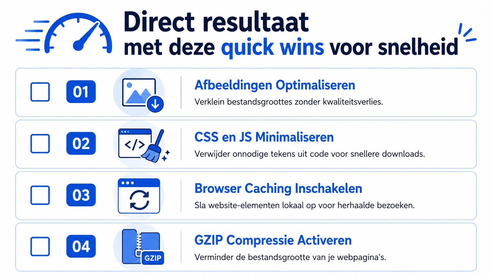 Een infographic die vier snelle methoden toont voor het optimaliseren van de laadsnelheid van een website.